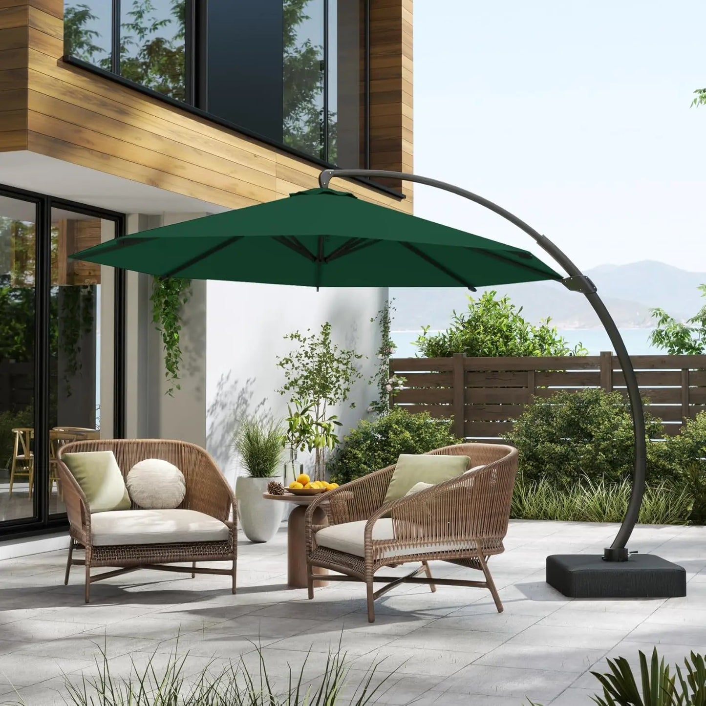 11FT Cantilever Umbrella with Base Large Curvy Outdoor Aluminum Offset Umbrella w/ 360° Rotation, UV Resistant Canopy for Patio