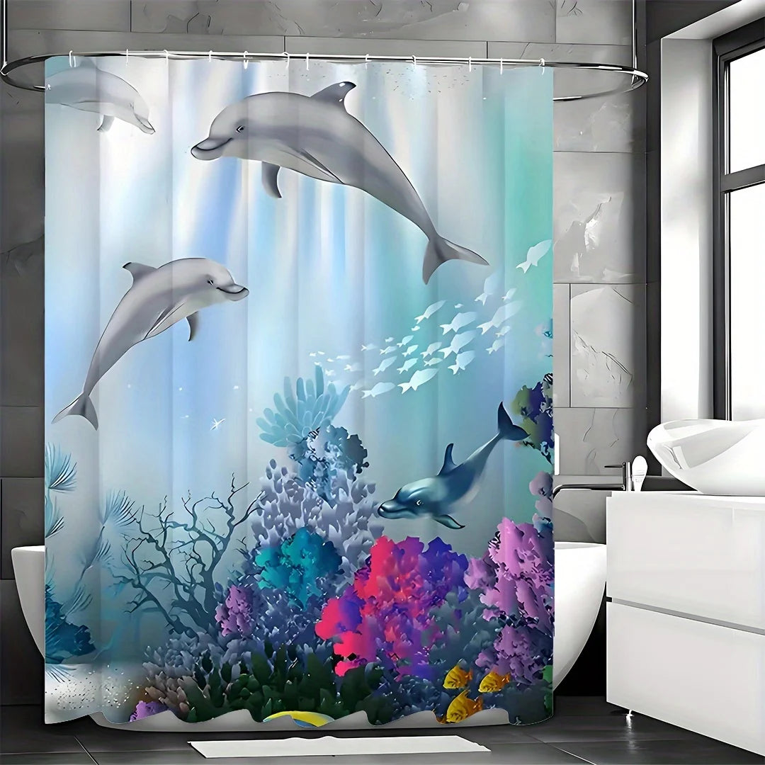 1pc Vibrant Undersea World Dolphin Shower Curtain - Waterproof,and Machine Washable Polyester Fabric Bath Curtain with Animal