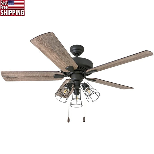 52 Inch Bronze Ceiling Fan with 5 Blades LED Light Kit Quiet Motor Reversible Airflow Medium Rooms Energy Efficient