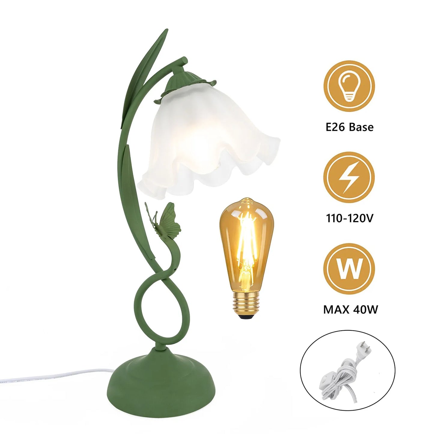 110V 60W Table Lamp Green E26 Flower Shape Glass Bedside Desk Light Fixture Reading Lamp