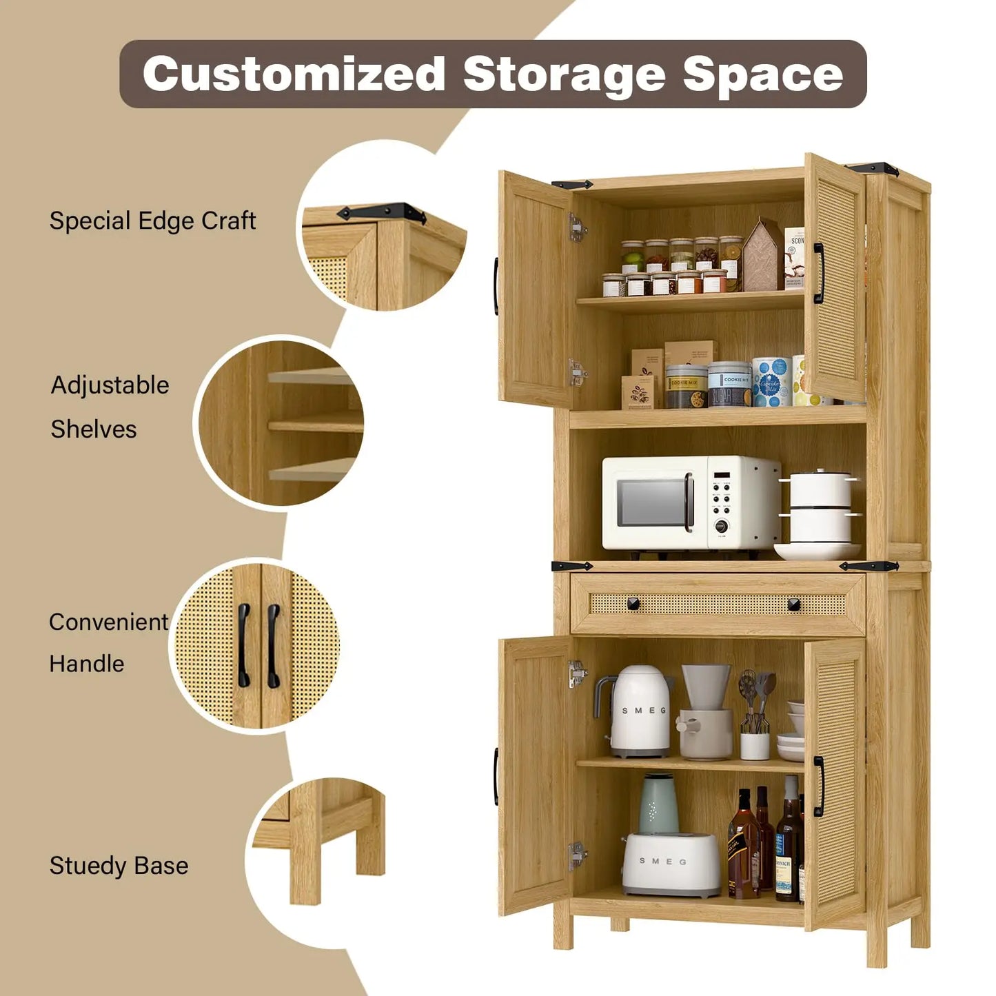 Vabches Kitchen Pantry Cabinet with Drawer & 4 Rattan Doors 69'' Tall Freestanding Wood Storage Cabinet for Kitchen Living Room