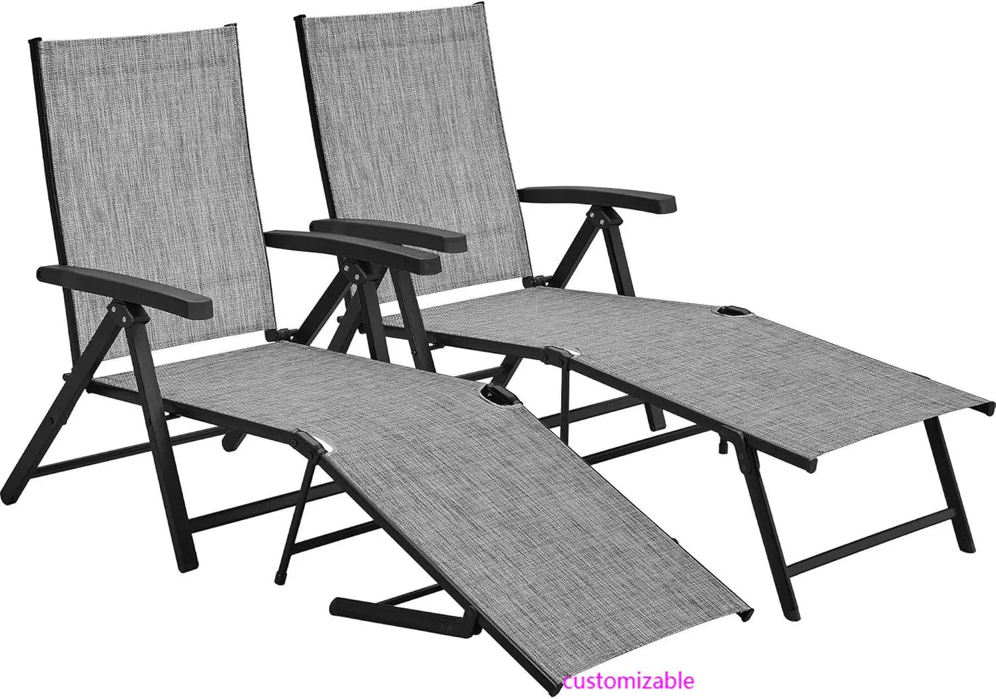 Outdoor Folding Chaise Lounge Set of 2 Patio Reclining Chairs w/Adjustable 7-Position Back for Beach Pool Garden Yard Deck Gray