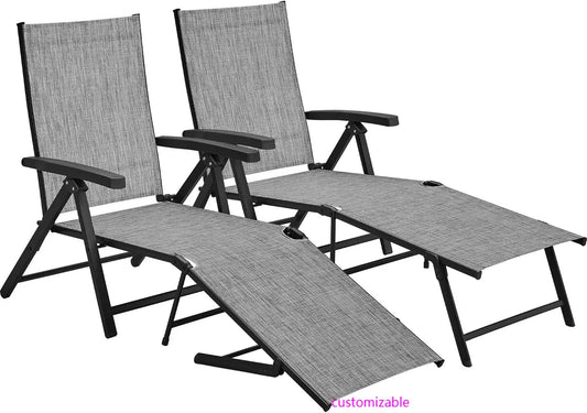Outdoor Folding Chaise Lounge Set of 2 Patio Reclining Chairs w/Adjustable 7-Position Back for Beach Pool Garden Yard Deck Gray