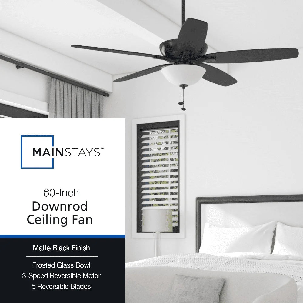 60 Inch Ceiling Fan with Light 5 Blades Reversible Airflow Pull Chain Control Indoor Rooms Energy Efficient LED Lighting