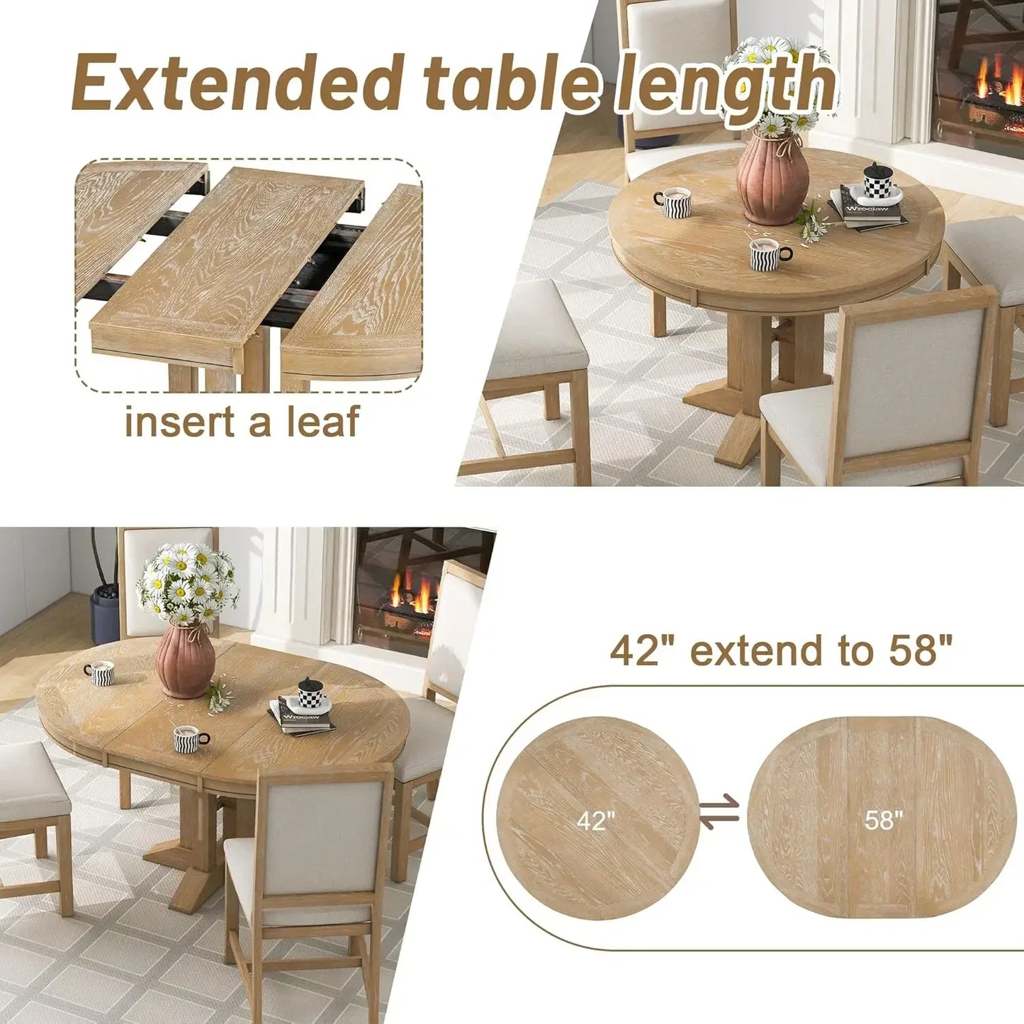 5-Piece Farmhouse Round Dining Table Set with Extendable Round Table and 4 Upholstered Chairs, Compact Table Set for Kitchen