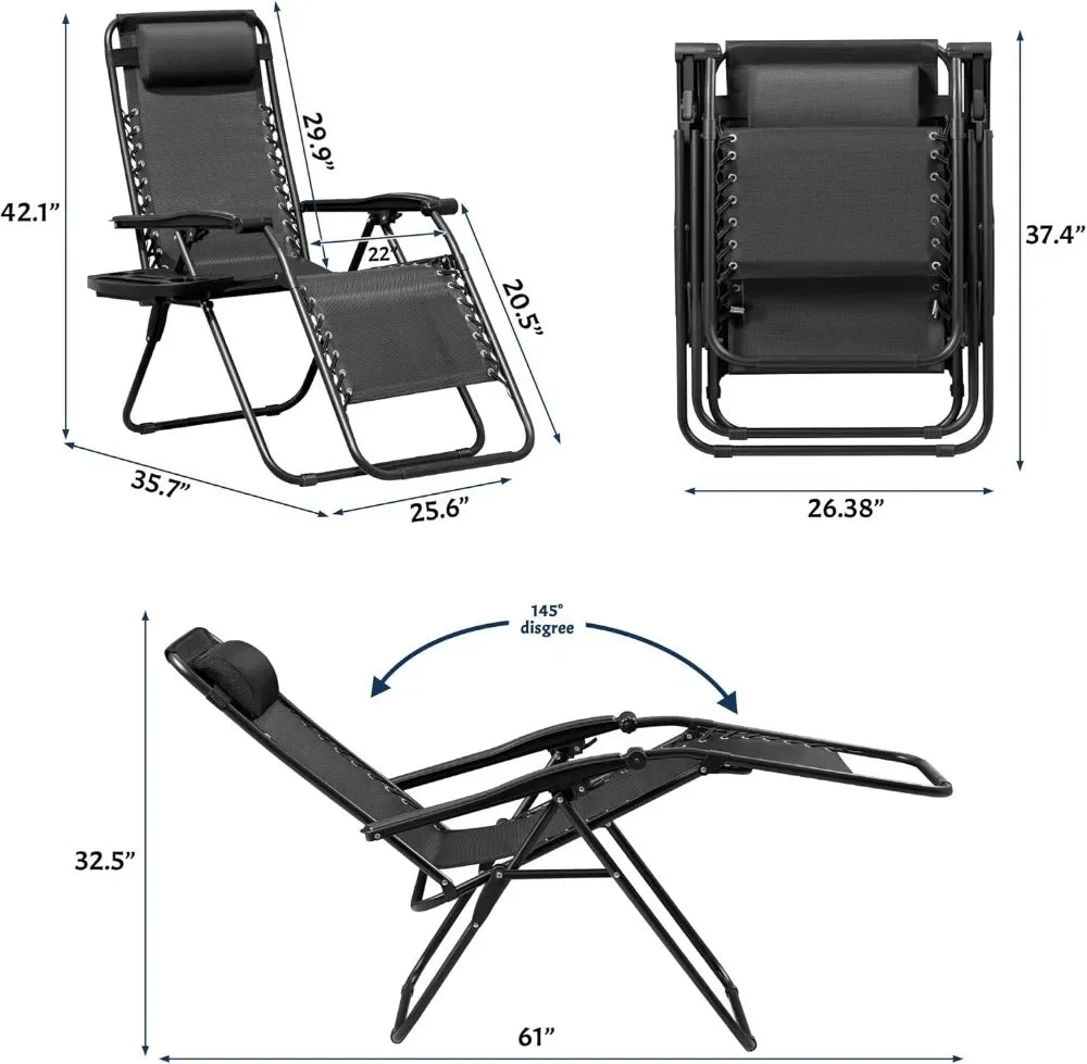 Zero Gravity Chairs Set of 2 Adjustable Steel Mesh Recliners Beach Deck Lawn Camping Patio Foldable Lounge Chair with Cup Holder