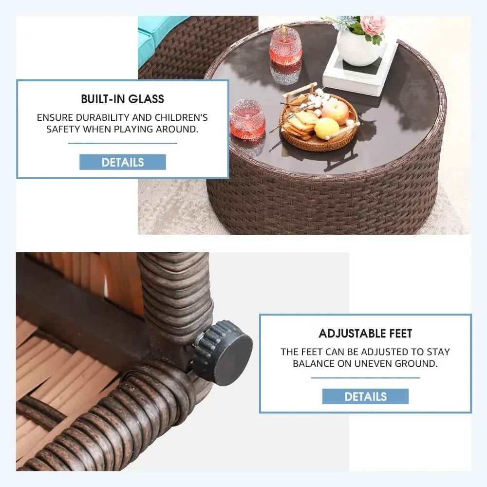 5 Piece Patio Furniture Set Half-Moon Outdoor All-Weather Wicker Sofa with Coffee Table, Brown Rattan Turquoise