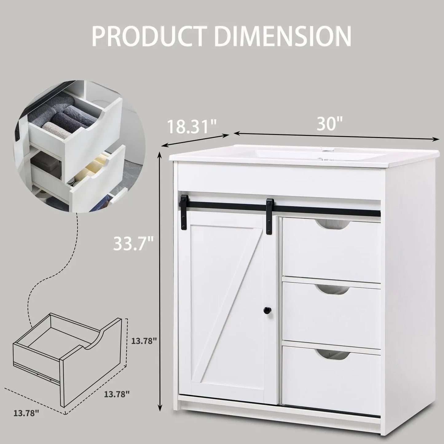 30" Farmhouse Bathroom Vanity with Sink, White Sliding Barn Door, Modern Bathroom Cabinet w/3 Drawers & Adjustable Shelves