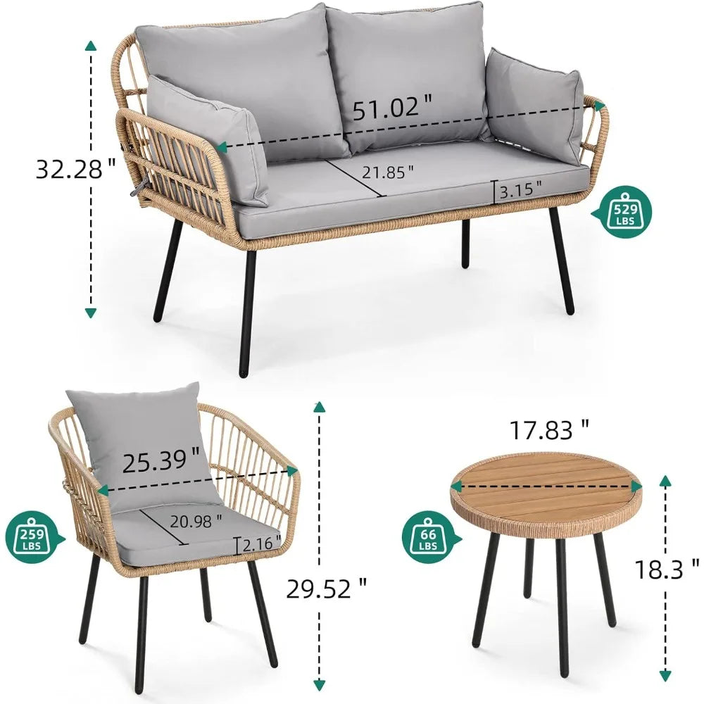 4 Pieces Patio Furniture Set, Outdoor Wicker Patio Conversation Set, All-Weather Rattan Bistro Set