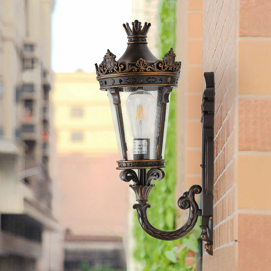 Vintage Outdoor Wall Lantern,Exterior Wall Sconce with Crown Top and Clear Glass, Decorative Outdoor Lighting Fixture (No bulb)