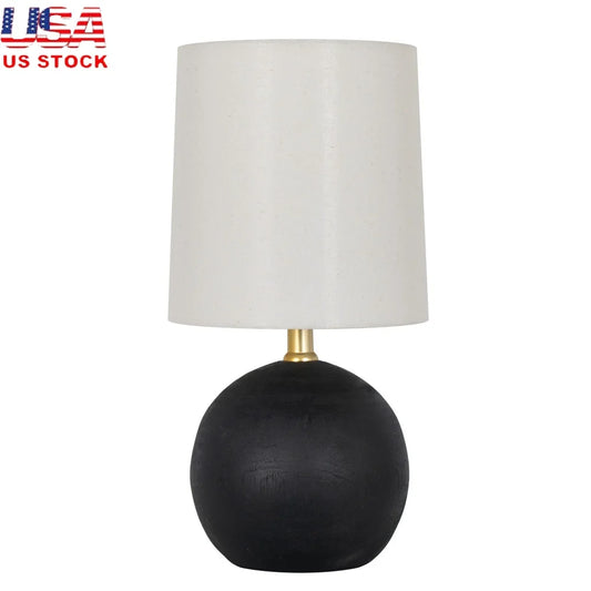 12.5 Inch Mini Black Wood Ball Table Lamp with White Fabric Shade Push Through Switch Home Office Bedroom Lighting