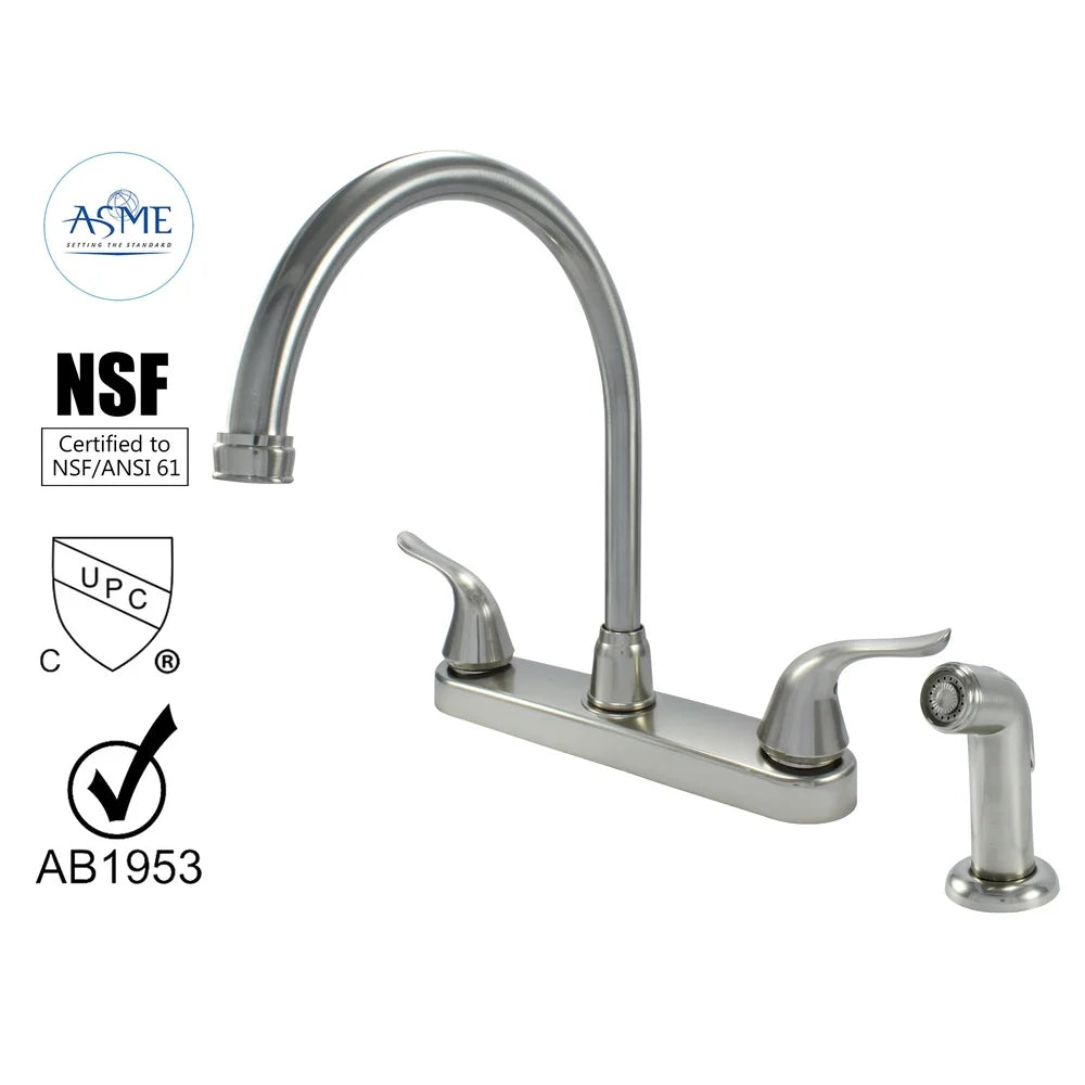 Non Metallic High Spout Double Handle Faucet Washerless Cartridge with Spray Brushed Nickel 1.8 GPM 8 Inch Installation Standard