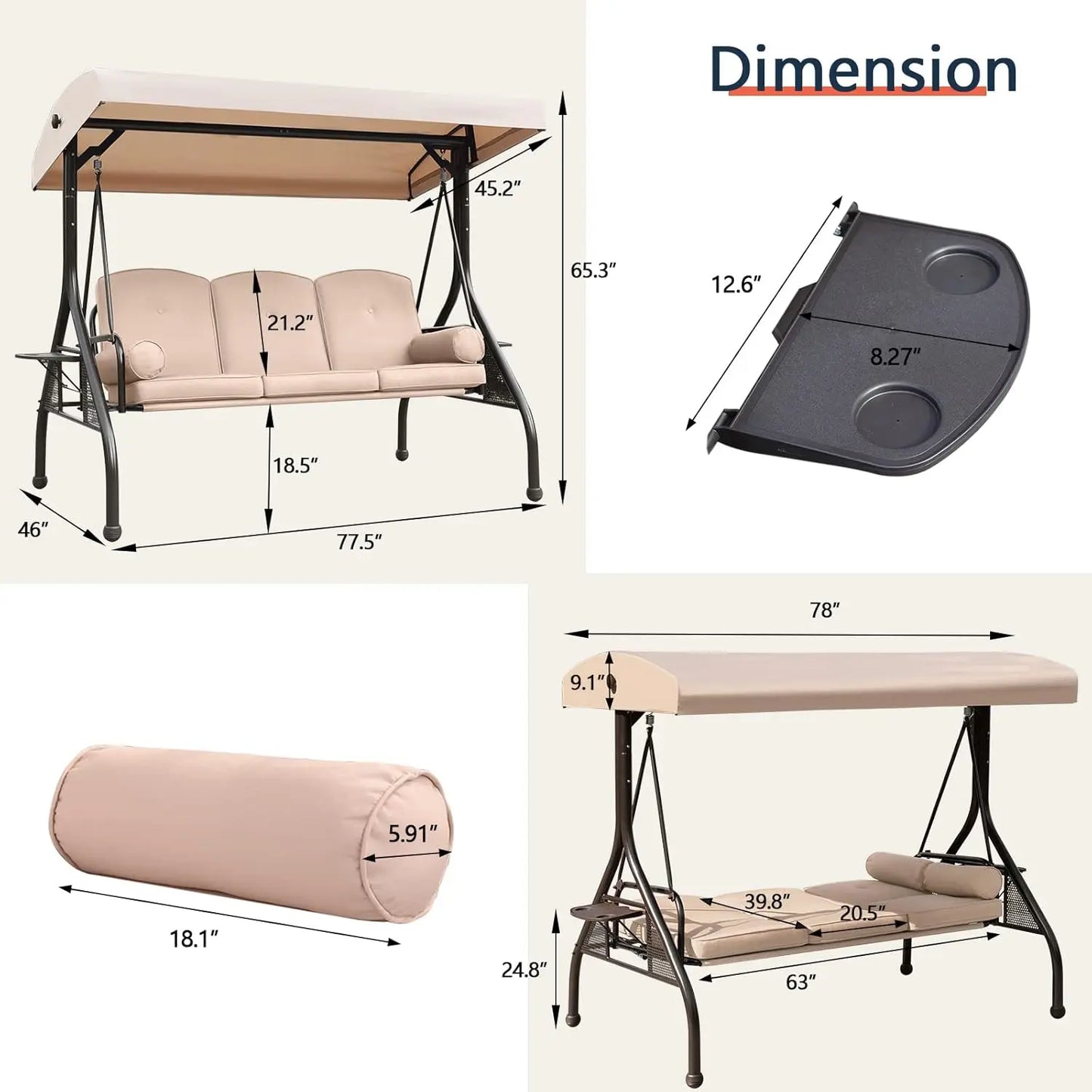 Patio Porch Swing, 3-Seat Outdoor Swing with Adjustable Canopy, Waterproof Fabric Cushion, Pillow and Foldable Side Tray for