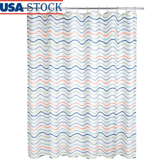 Coastal 13-piece Fabric Shower Curtain Set with Chrome Hooks Wavy Stripe Design Bathroom Privacy and Water Protection