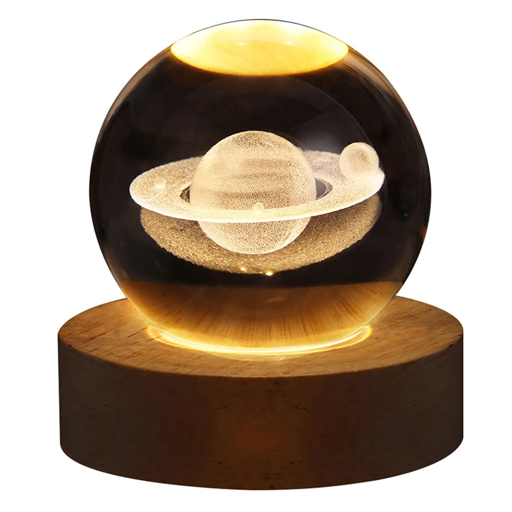 LED Crystal Ball Night Light Crystal Ball Lamp with Wooden Base Solar System Crystal Ball USB Charging for Home Decor