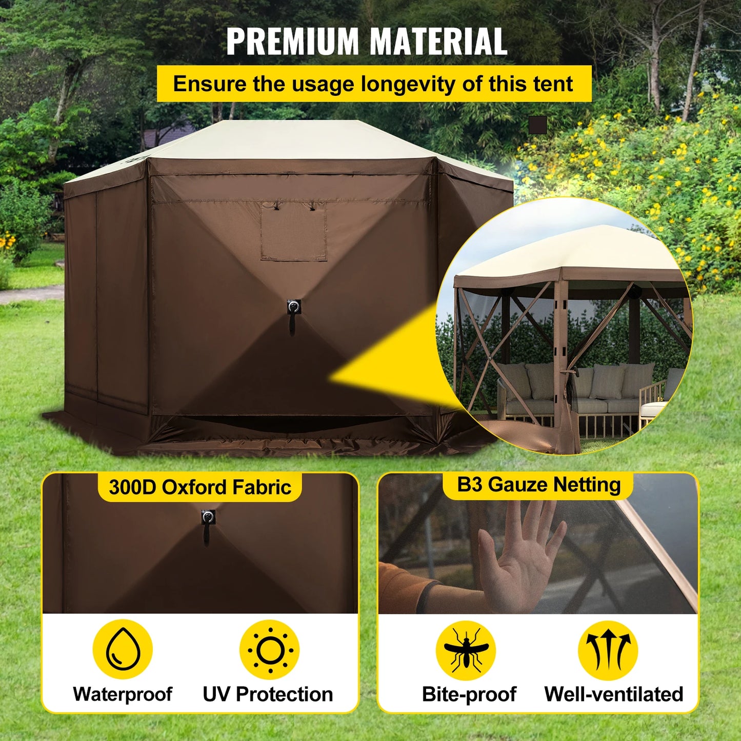 SucceBuy Pop-up Camping Gazebo Camping Canopy Shelter 6 Sided 12' x 12' / 10' x 10' Sun Shade Tents & Canopies Camping & Hiking