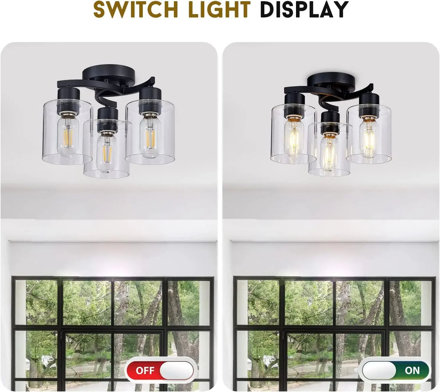 Black Ceiling Light Fixture 3 Light Flush Mount Ceilinglight, Industrial Ceiling Lamp with Clear Glass Shades (3-Light)