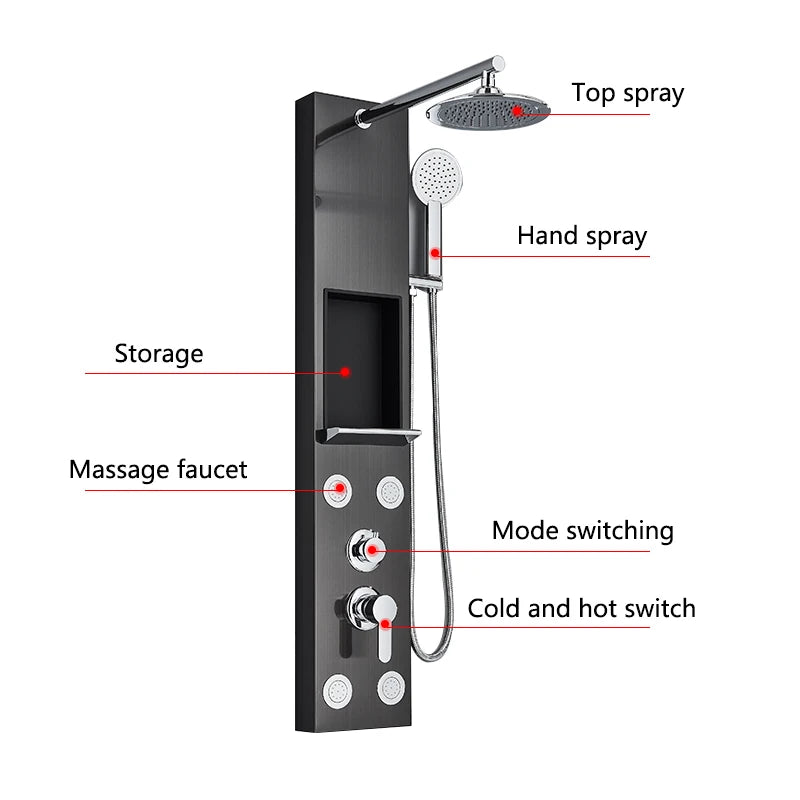 Shower Panel Rainfall Shower Faucet Set SPA Massage Jet Bath Shower Column Double Handle Mixer Tap Tower With Storage Rack