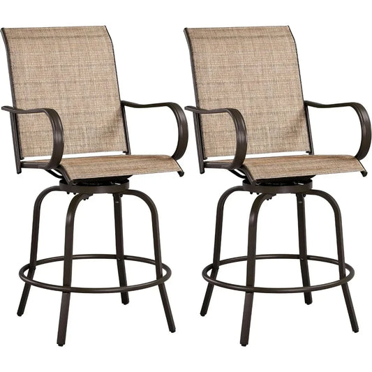 Patio Swivel Bar Stools Set of 2, All-Weather Outdoor High Bistro Stools for Outside, Beach, Lawn, Poolside and Garden, Brown