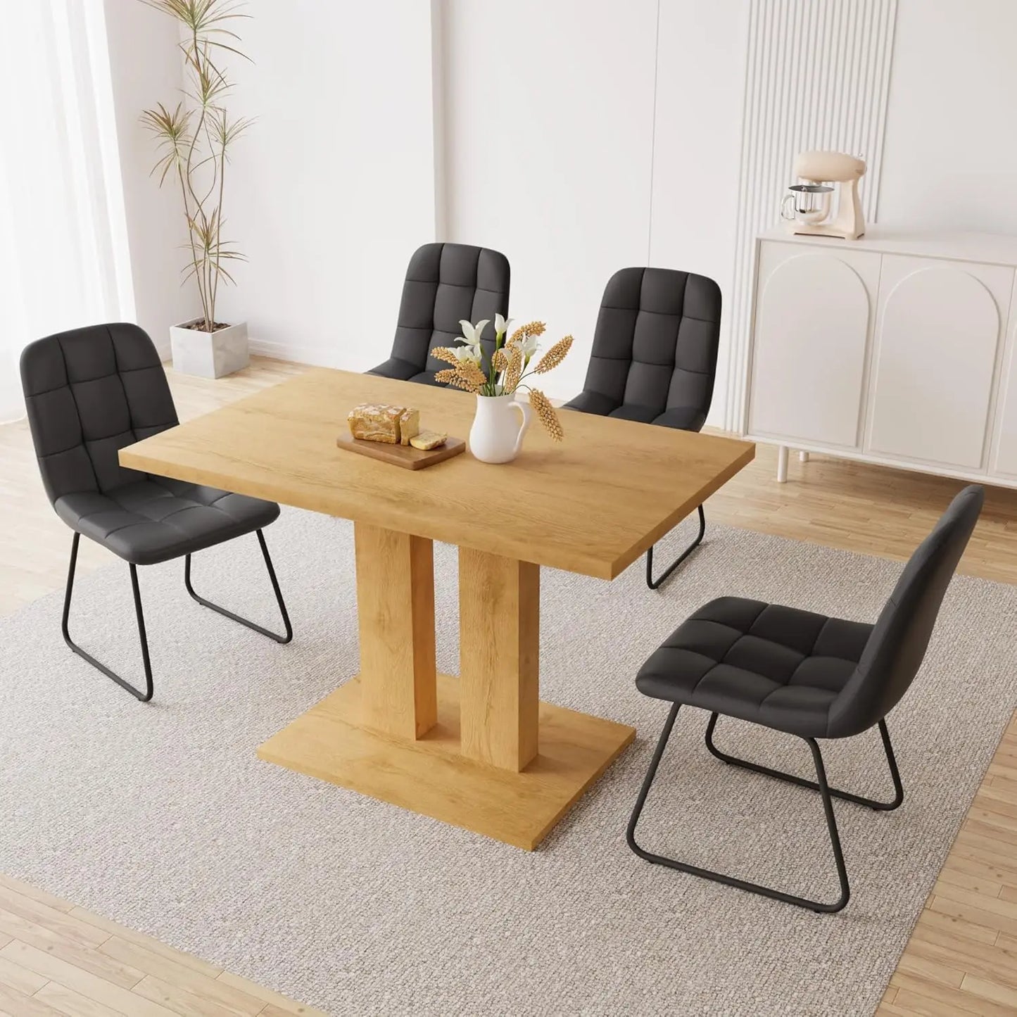 Dining Table Set – 46" Modern Oak Table with 4 Faux Leather Chairs, Rectangular Kitchen & Dining Set