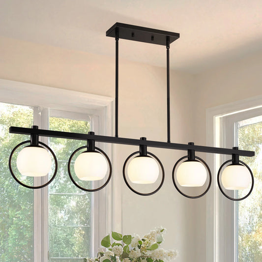 Modern 5-Light Adjustable Chandelier with Glass Shades Black Metal Frame Pendant Light Fixture Hanging Lighting for High Ceiling