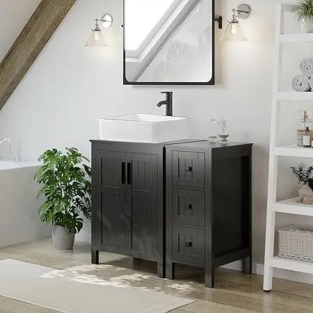 36" Black Bathroom Vanity With Sink Combo, Modern Cabinet With 3 Drawers, Grooved Doors & Metal Handles, Champagne Boat Tempere