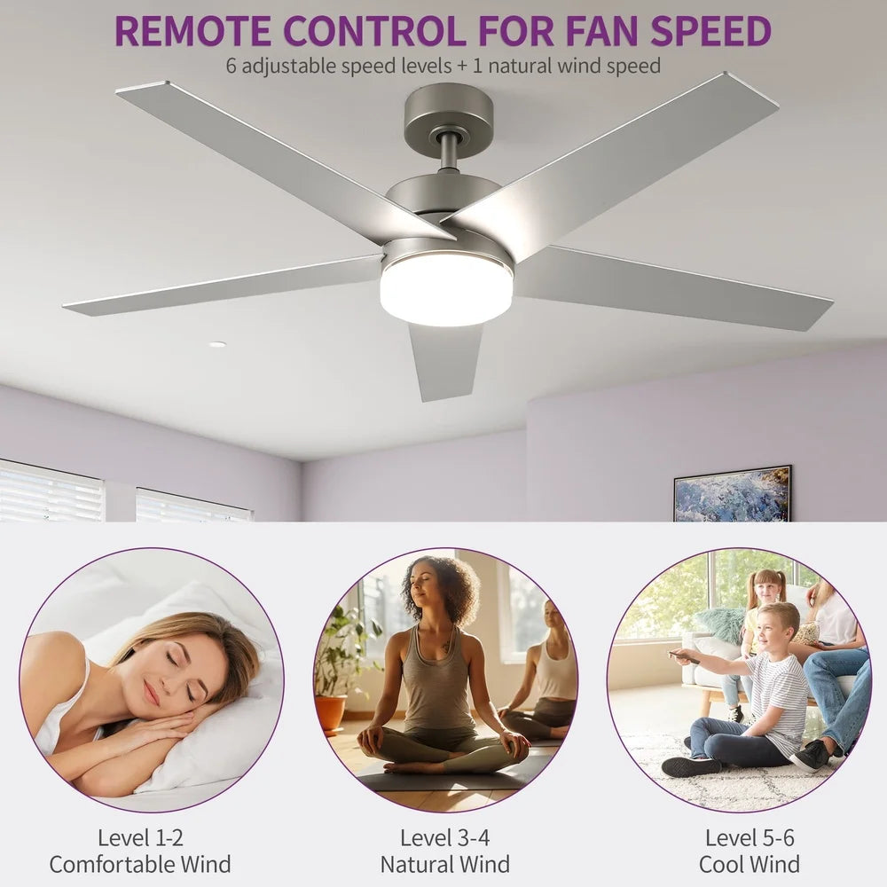 52 Inch Modern Ceiling Fan with Dimmable Light Remote Control 5 Blade Quiet Reversible Smart Timer Adjustable Speed Indoor Use