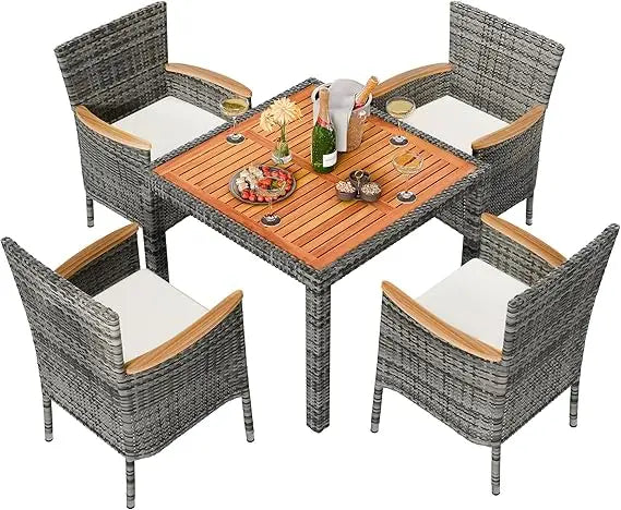 5 pieces patio dining set, wicker patio conversation set with wooden table top, outdoor table and chairs with soft cushions for