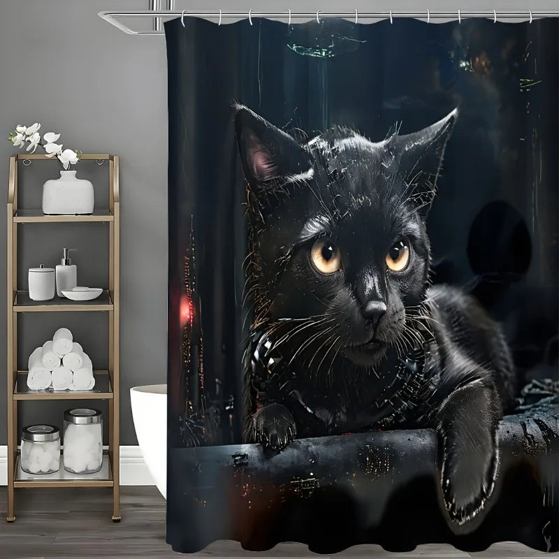 1pcs Cute Cat Shower Curtain, Waterproof Shower Curtain with 12 Hooks, Bathroom Decor, Shower Curtain Sets for Bathrooms