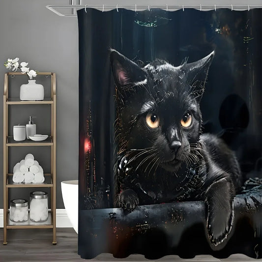 1pcs Cute Cat Shower Curtain, Waterproof Shower Curtain with 12 Hooks, Bathroom Decor, Shower Curtain Sets for Bathrooms