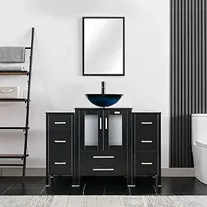 48" Modern Bathroom Vanity Sink Combo Black W/Small Side Cabinets Clear Boat Glass Vessel Sink & Water Save Faucet & Pop Up Dra