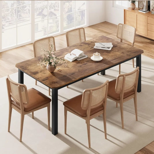 Industrial Dining Table for 6-8 People, 78.7Inch Long Wooden Kitchen Table with Sturdy Metal Frame & Rustic Brown Finish - Seats
