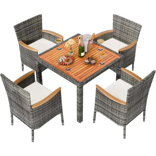 5 pieces patio dining set, wicker patio conversation set with wooden table top, outdoor table and chairs with soft cushions for