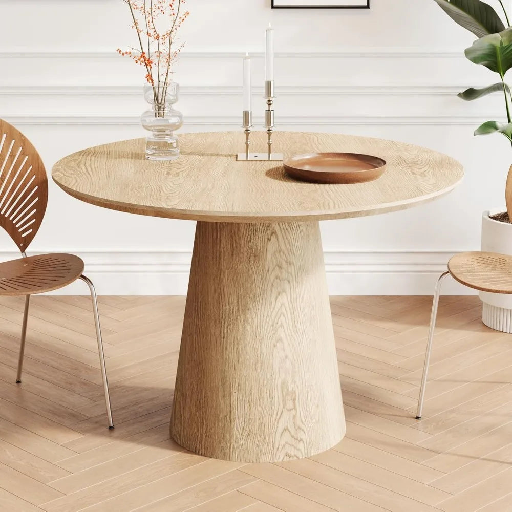 43" Mid-Century Modern Farmhouse Round Dining Table for 4-5 - Wooden Pedestal Base with MDF Table Top, Compact Kitchen