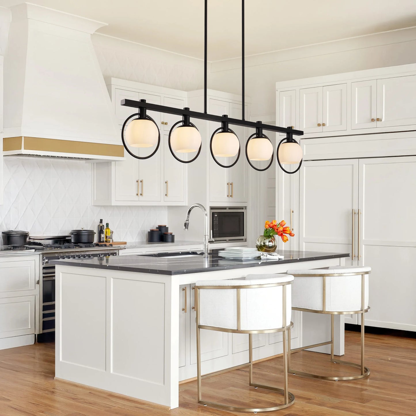 Modern 5-Light Adjustable Chandelier with Glass Shades Black Metal Frame Pendant Light Fixture Hanging Lighting for High Ceiling