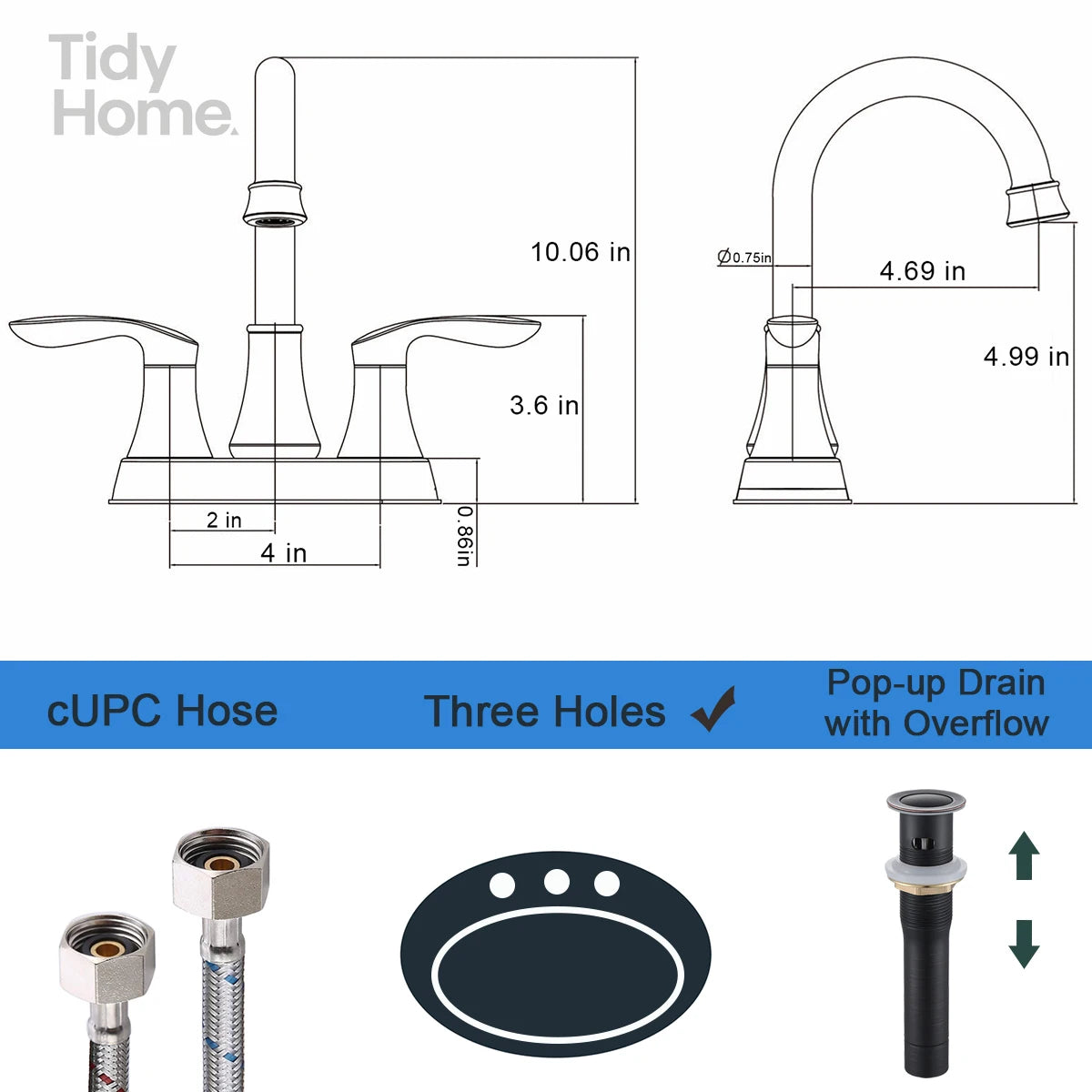 2-Handle 4-Inch Oil Rubbed Bronze Bathroom Faucet, Bathroom Vanity Sink Faucets with Pop-up Drain and Supply Hoses