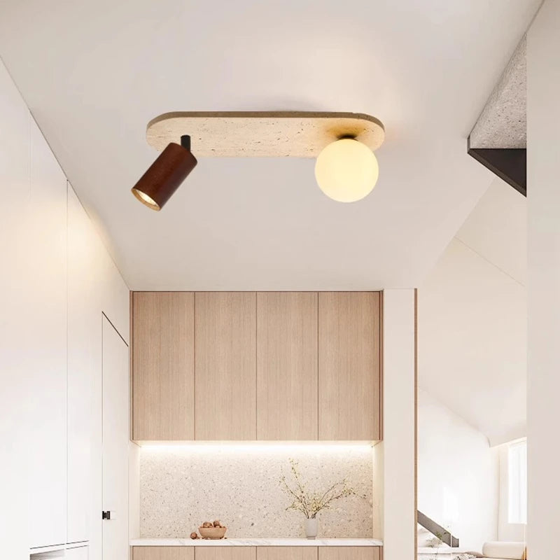IWHD Nordic Modern Ceiling Lamp Wood Yellow Travertine LED Ceiling Light For Home Decoration Aisle Stair Bar Lámparas Para Techo