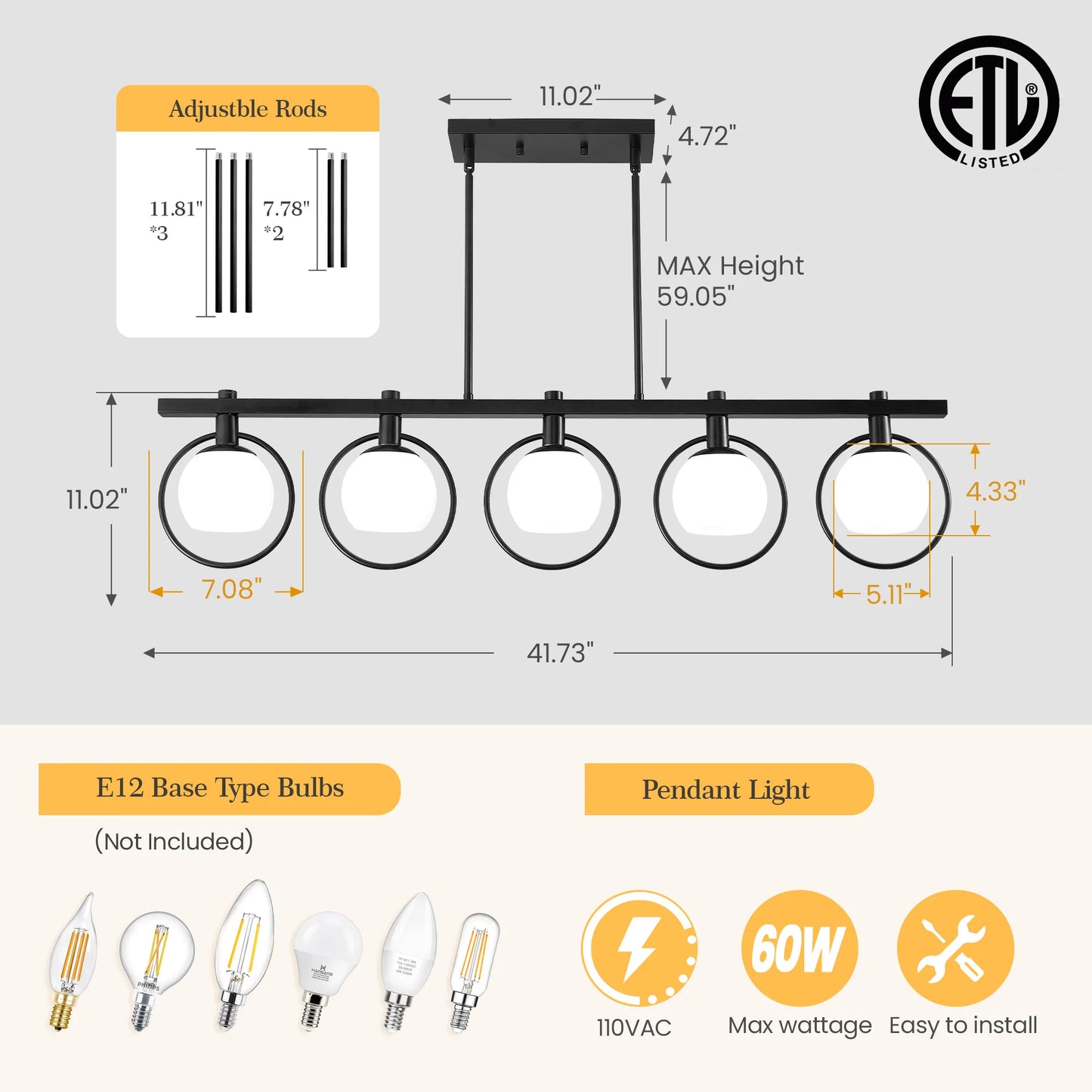 Modern 5-Light Adjustable Chandelier with Glass Shades Black Metal Frame Pendant Light Fixture Hanging Lighting for High Ceiling