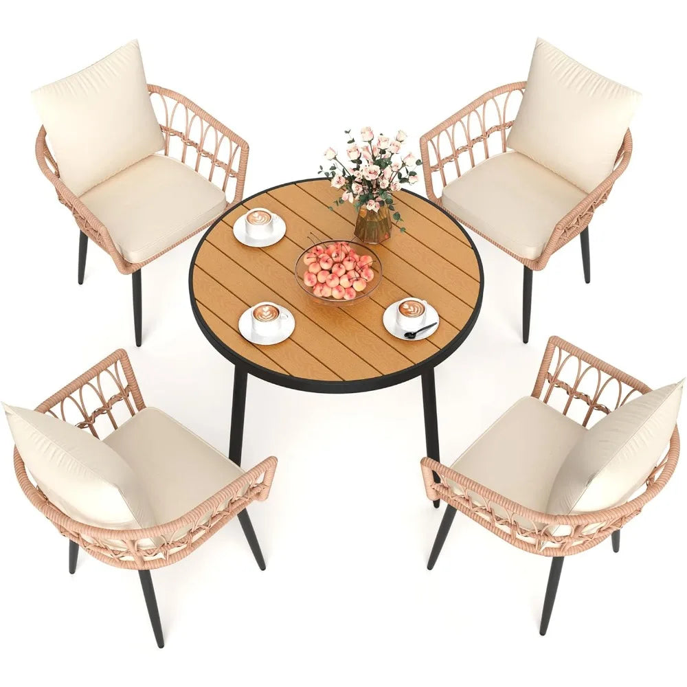 5 Pieces Patio Dining Set,All-Weather PE Rattan Patio Furniture Set with Wood Table Top, Outdoor Table and Chairs with Removabl