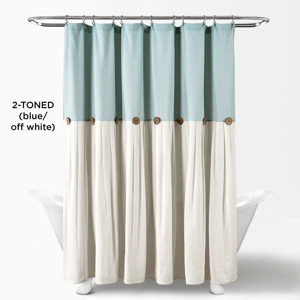 Linen Button Color Block Shower Curtain 72x72 Faux Linen Fabric Pleated Design Machine Washable Bathroom Decor