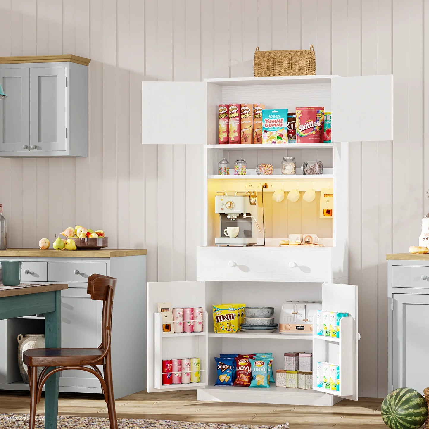 Satifur Tall 71 inch Kitchen Pantry Storage Cabinet with Doors, Drawer, Farmhouse Pantry Cabinet with Power Outlet & LED Light