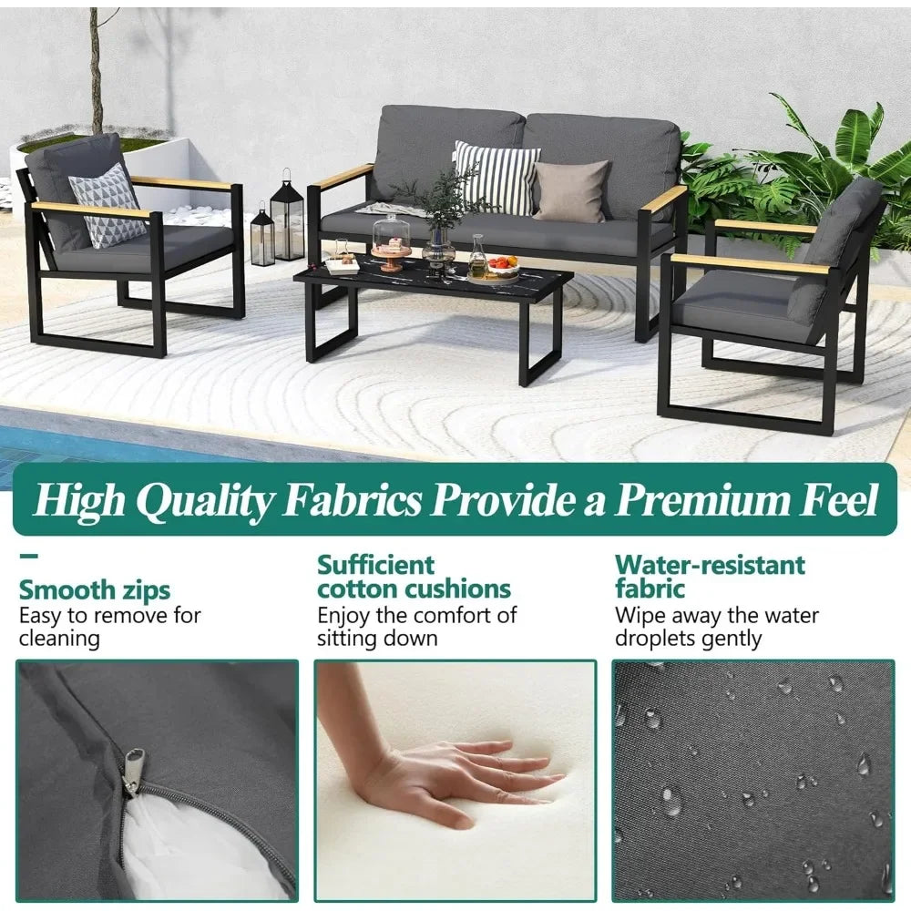 4-Piece Patio Furniture Set, Outdoor Aluminum Conversation Sofa Sets with Coffee Table & Cushions Chairs - Perfect for Garden