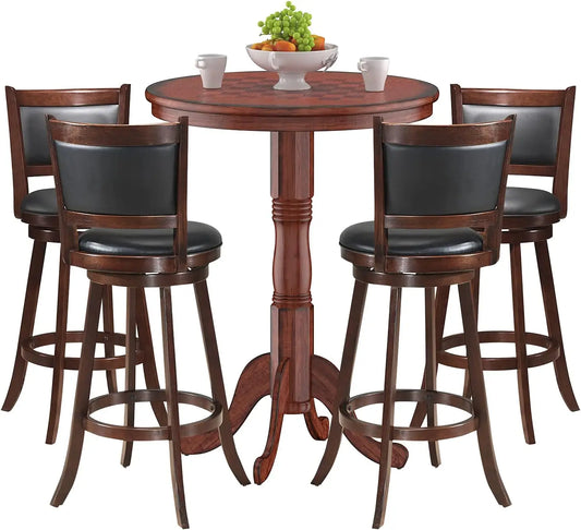 5 Pcs Pub Table Set,Wooden Pub Pedestal Side Table w/Stable Base,360 Degrees Swivel Bar Stool, Modern Round Bar Table and Stools
