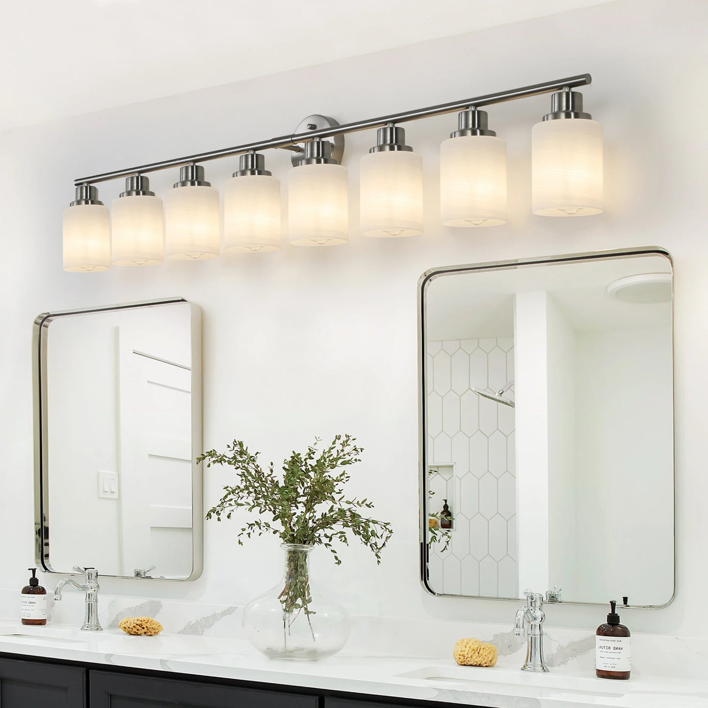 52" Modern 8-Light Vanity Bathroom Mirror Light, Frosted White Glass with Iron Frame, Contemporary Wall Sconce