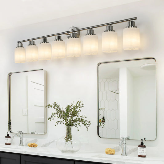 52" Modern 8-Light Vanity Bathroom Mirror Light, Frosted White Glass with Iron Frame, Contemporary Wall Sconce