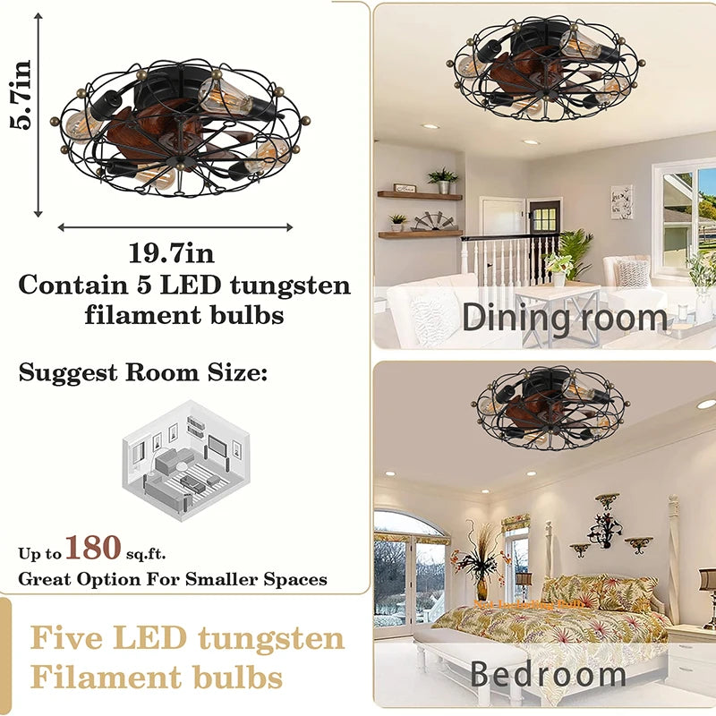 20" Caged Ceiling Fans with Lights and Remote, Enclosed Ceiling Fan with Light for Bedroom, Kitchen,dinning room,Indoor
