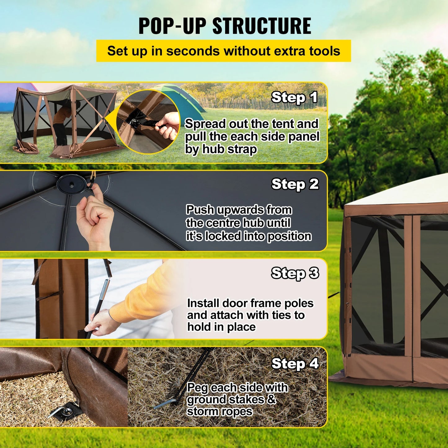 SucceBuy Pop-up Camping Gazebo Camping Canopy Shelter 6 Sided 12' x 12' / 10' x 10' Sun Shade Tents & Canopies Camping & Hiking