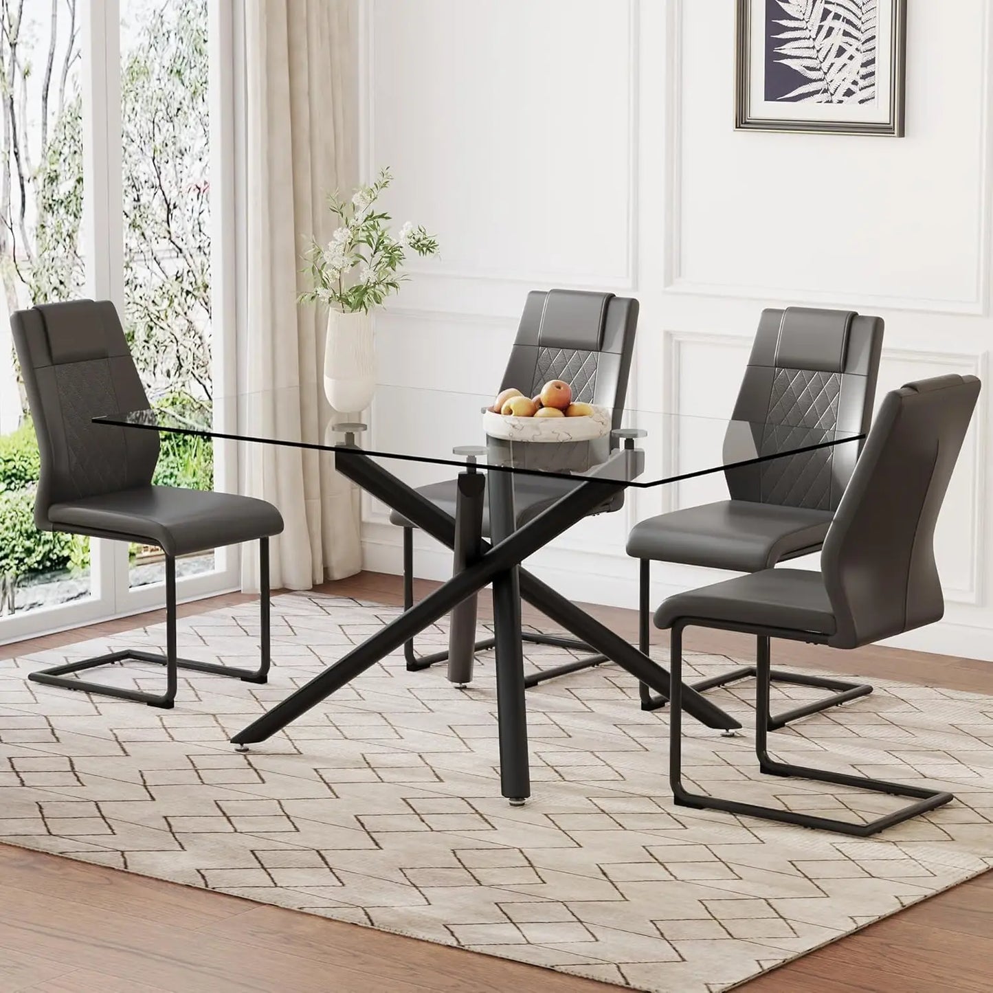 Modern Dining Table Set for 6, 63" Dinner Table Set for 6,Marble-Patterned Tempered Glass Kitchen Tabletop Silver Legs and 6 Bla