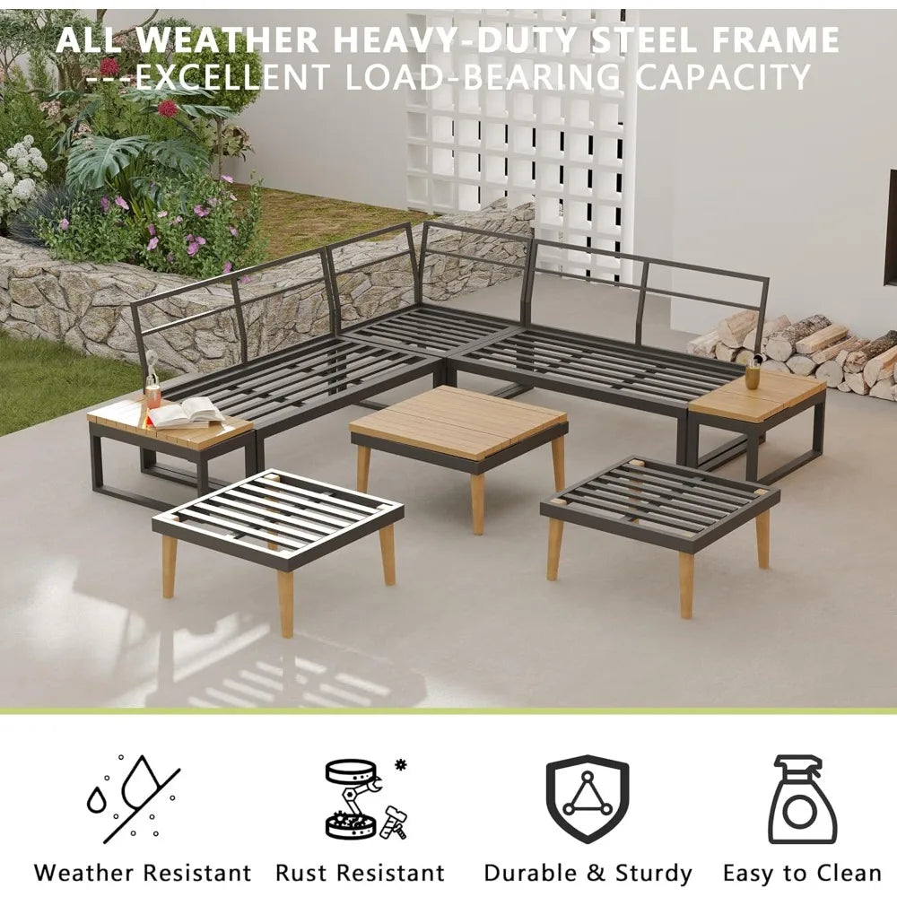 8 Pieces Patio Furniture Set, Outdoor Sectional Sofa Couch with Acacia Wood Coffee Table&Side Table,Modern Metal Outside