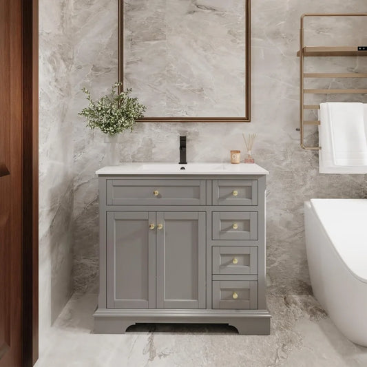 36" Bathroom Vanity with Sink Combo, Vintage Bathroom Vanities Storage Cabinet w/Painted Surface, Raised Arch Feet, Soft Closin